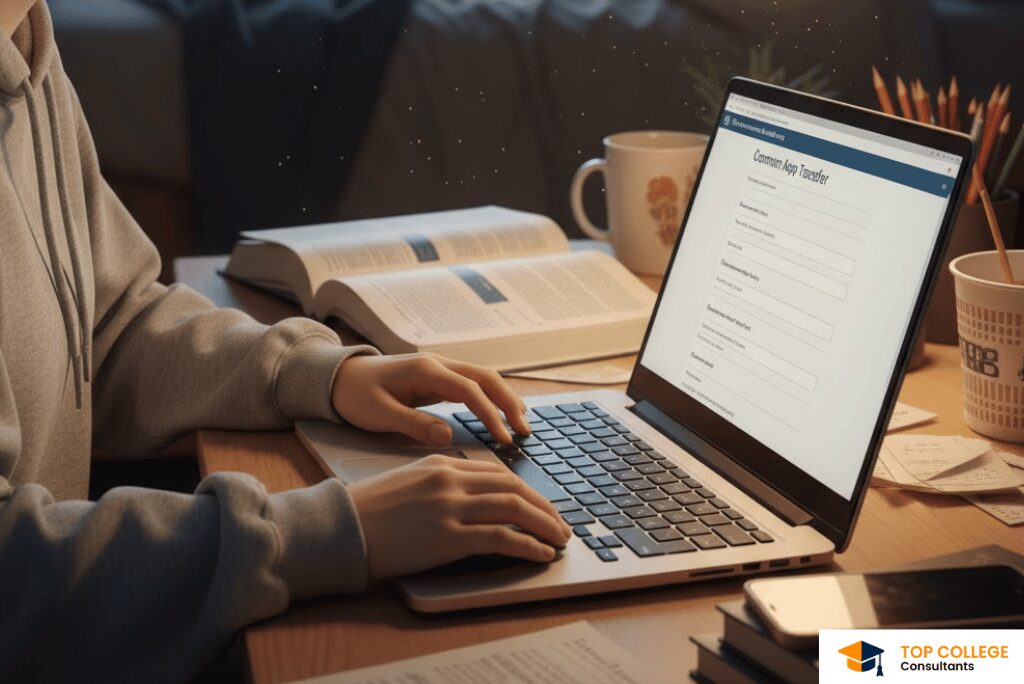 Student completing Common App transfer application on laptop
